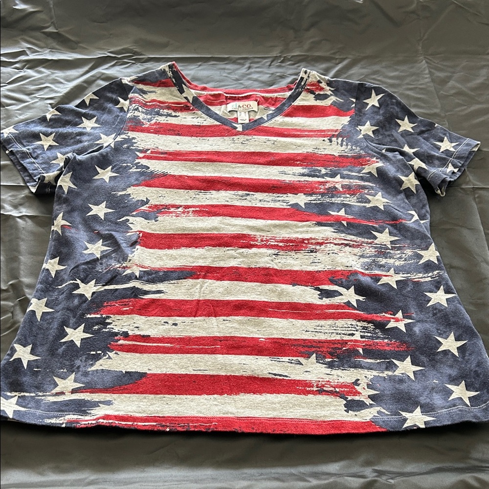 Denim&Co Patriotic V-Neck Tee - Red, White, and Blue